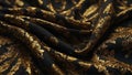 Black silk satin fabric background with elegant gold victorian embroidery. Highly detailed and wavy luxurious lace texture. AI- Royalty Free Stock Photo