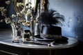 a black silk top hat on a dressing table with an ornate silver brush set