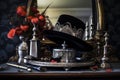 a black silk top hat on a dressing table with an ornate silver brush set