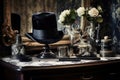 a black silk top hat on a dressing table with an ornate silver brush set