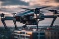Black and Silver Drone Soars Above Urban Landscape With Skyscrapers. Generative AI.