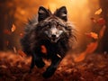 Black silver fox rare form. Dark red fox playing in autumn forest. Animal jump in fall wood. Wildlife scene from wild nature Royalty Free Stock Photo