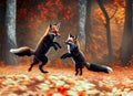 Black silver fox Two red fox playing in autumn forest Animal jump in fall wood Wildlife. Generative AI Royalty Free Stock Photo