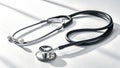 Black and Silver Stethoscope on White Background Sharp Focus, Clinical and Professional Aesthetic Royalty Free Stock Photo