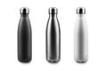 Black, silver and white thermo bottles for water with mockup. Closed with special cap. Isolated on white background.