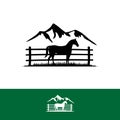Simple Line Horse Logo Design In The Cage And Mountain Silhoutte Background Sign Symbol Vector Illustration