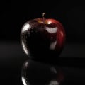 Black single realistic shiny apple with water drops on dark background. AI generative illustration Royalty Free Stock Photo