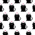 Black sitting cat head with paw print and little pink heart. Cute cartoon character. Baby pet collection. Seamless Pattern