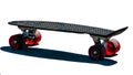 Black skateboard with red wheels