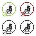 Black Skates icon isolated on white background. Ice skate shoes icon. Sport boots with blades. Circle button. Vector