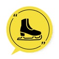 Black Skates icon isolated on white background. Ice skate shoes icon. Sport boots with blades. Yellow speech bubble