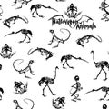 Black skeletons of reptiles, animals and birds on white background. Seamless pattern.