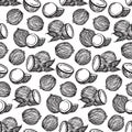Black sketch coconuts outline seamless pattern. Vector drawing coco fruits. Hand drawn endless illustration, isolated on white