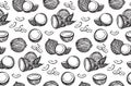 Black sketch coconuts outline seamless pattern. Vector ink drawing coco fruits. Hand drawn graphic illustration, isolated on white