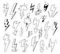 Black sketch lightning collection. Doodle flash thunder, scribble thunderbolts with grunge effect. Various energy
