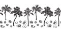 Black sketch palm tree and coconut outline horizontal seamless border. Vector drawing coco plants. Hand drawn endless illustration