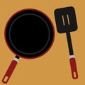 Black skillet and empty black frying pan with red handle. Isolated. Cartoon illustration. Cooking concept.