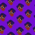 Black skin fashion influencer face pattern on violet background. Stylish black skin woman with red lips pattern