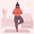 Black Skin Pregnant Woman Doing Vrikshasana Yoga At Home Vector Illustration In Flat Style