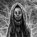 Black skinned shaman girl in hood. Black and white background