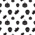 Black Skull, Bat and Pumpkin shape texture on white color background. Seamless pattern design template. Monochrome color theme.