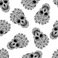 Black skull with flowers from the line ornament seamless pattern. Stylized skull seamless texture. Halloween