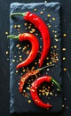 a black slate with chilis and peppers on it