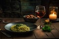 a black slate with hot italian spaghetti with pesto on the left side of a long Oak wood table Royalty Free Stock Photo