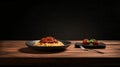 a black slate with hot italian spaghetti with pesto on the left side of a long Oak wood table Royalty Free Stock Photo