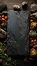 A black slate with spices and herbs on a wooden table, AI Royalty Free Stock Photo