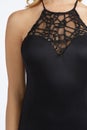 Black Sleeveless Halter Beaded Side and Waist Fitted Dress with white background Royalty Free Stock Photo