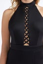 Black Sleeveless Halter Beaded Side and Waist Fitted Dress with white background Royalty Free Stock Photo