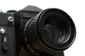 Black slr camera with lens close-up Royalty Free Stock Photo