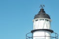 Black small bird perched on the metallic structure of an iconic lighthouse against a blue sky Royalty Free Stock Photo