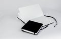 Black small closed notepad and large open notebook with blank white pages and ribbon bookmark lie unfold on white backdrop