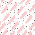 Black small dots and pink brush strokes on white background. Abstract seamless pattern.