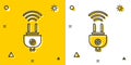 Black Smart electric plug system icon isolated on yellow and white background. Internet of things concept with wireless Royalty Free Stock Photo