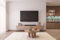 Black Smart TV on the White Wall with TV Panel behind Coffee table, Rustic style Mat, Daylight Royalty Free Stock Photo