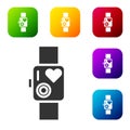 Black Smart watch showing heart beat rate icon isolated on white background. Fitness App concept. Set icons in color Royalty Free Stock Photo