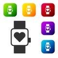 Black Smart watch showing heart beat rate icon isolated on white background. Fitness App concept. Set icons in color Royalty Free Stock Photo