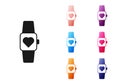 Black Smart watch showing heart beat rate icon isolated on white background. Fitness App concept. Set icons colorful Royalty Free Stock Photo