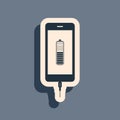 Black Smartphone battery charge icon isolated on grey background. Phone with a low battery charge and with USB Royalty Free Stock Photo