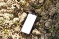 black smartphone with blank screen on Dry cracked ground drought background Royalty Free Stock Photo