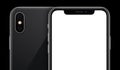 Black smartphone similar to iPhone X mockup front and back sides on black background with copy space cropped close-up Royalty Free Stock Photo