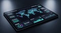 Black smartphone displaying futuristic financial interface with world map data visualization and stock market dashboard charts Royalty Free Stock Photo