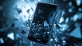 Black Smartphone with Exploding Glass Fragments Highlighting Technology Destruction
