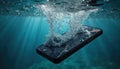 Black smartphone falls into blue water, creating big splash, many bubbles around. Device sinks under surface. Sun rays penetrate Royalty Free Stock Photo