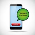 Black smartphone with online business idea speach bubble