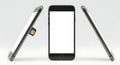 Three angles of a black smartphone with a blank white screen and a sim card Royalty Free Stock Photo