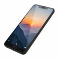 Black Smartphone with Sunset Mountain Landscape on Screen on White Background application Royalty Free Stock Photo